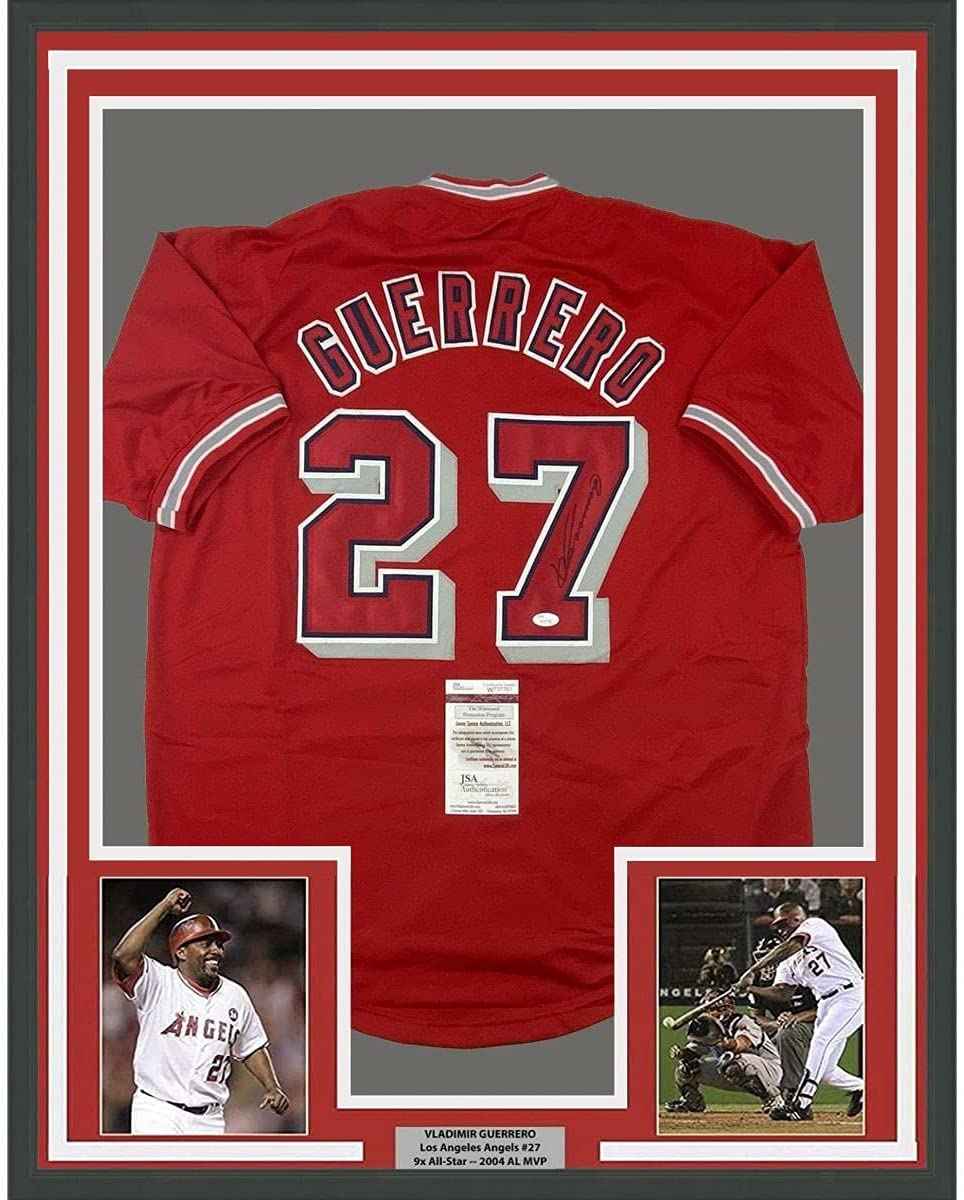 Framed Autographed/Signed Vladimir Vlad Guerrero 35x39 Los Angeles LA Anaheim Red Baseball Jersey JSA COA
