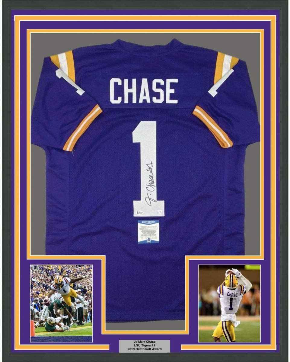 Framed Autographed/Signed Ja'Marr Chase 35x39 LSU Purple College Football Jersey Beckett BAS COA
