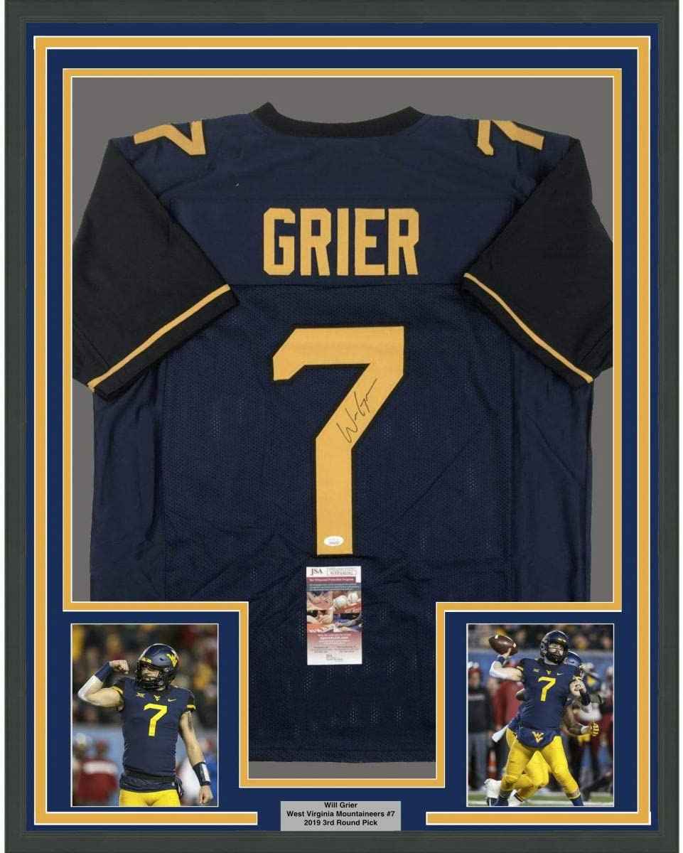 Framed Autographed/Signed Will Grier 35x39 West Virginia Blue College Football Jersey JSA COA