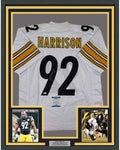 Framed Autographed/Signed James Harrison 35x39 Pittsburgh White Football Jersey Beckett BAS COA