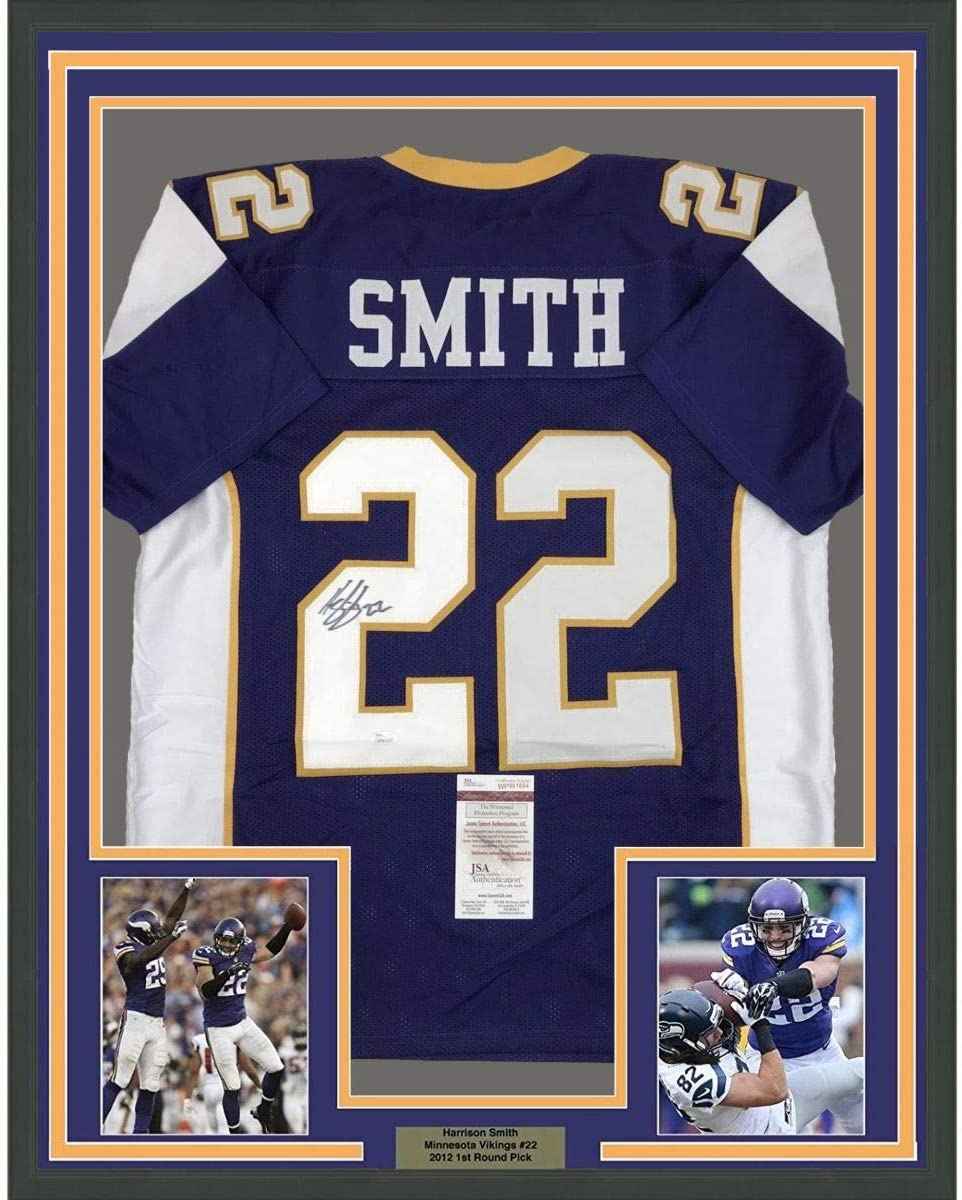 Framed Autographed/Signed Harrison Smith 35x39 Minnesota Retro Purple Football Jersey JSA COA