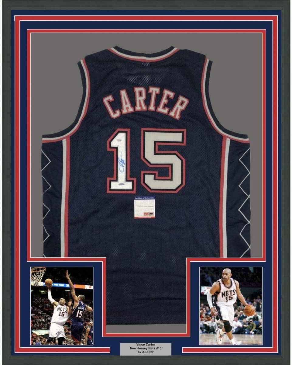 Framed Autographed/Signed Vince Carter 35x39 New Jersey NJ Blue Basketball Jersey PSA/DNA COA