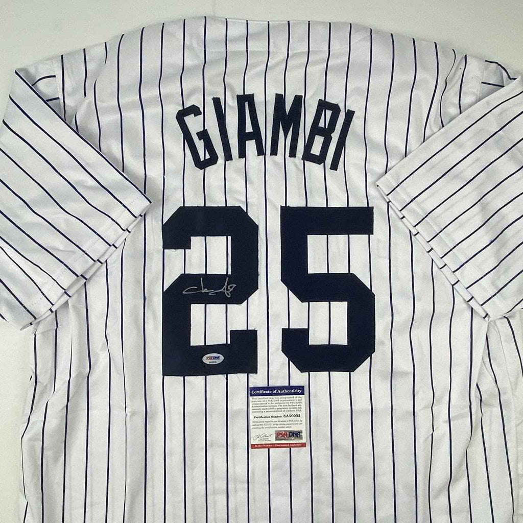 Autographed/Signed Jason Giambi New York Pinstripe Baseball Jersey PSA/DNA COA