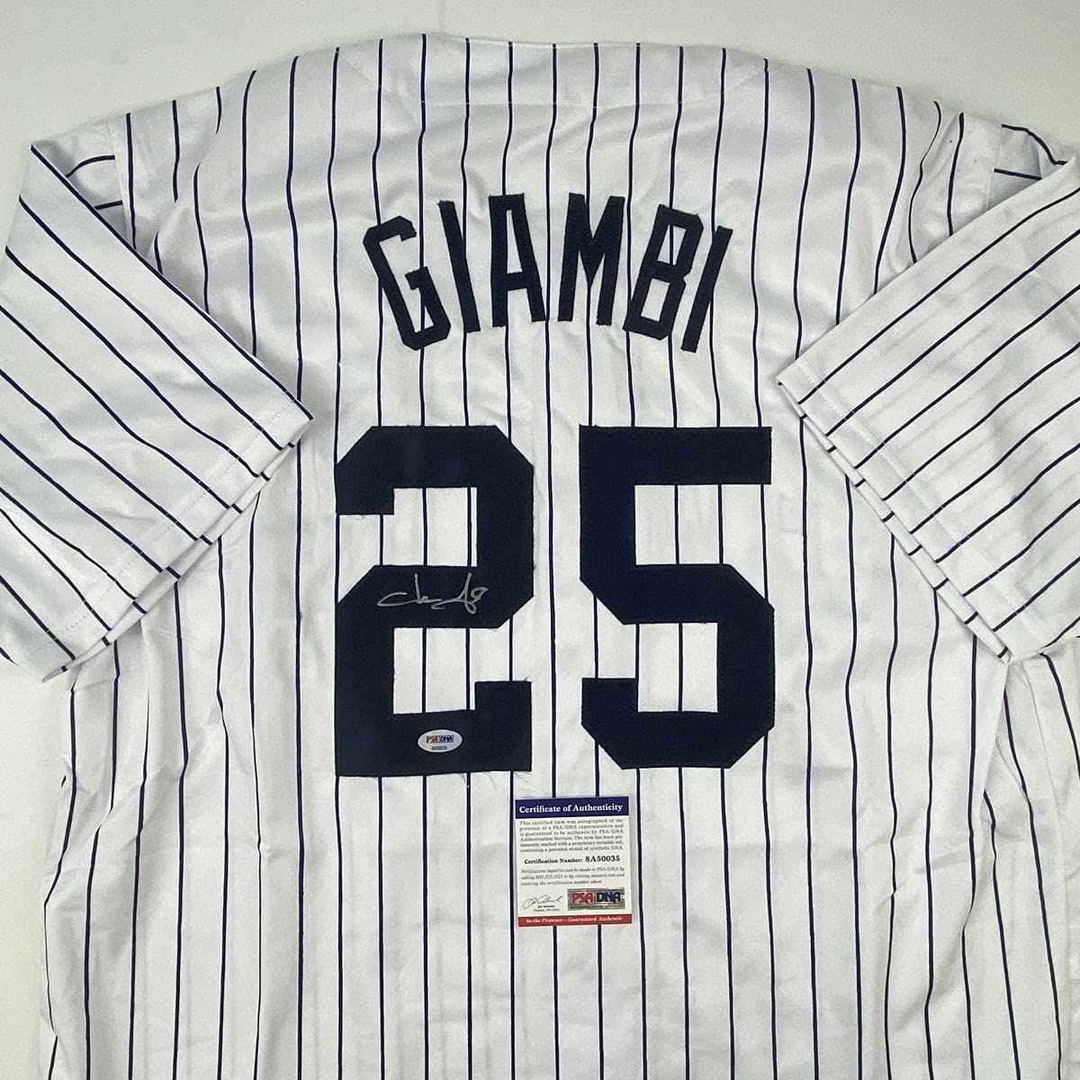 Autographed/Signed Jason Giambi New York Pinstripe Baseball Jersey PSA/DNA COA