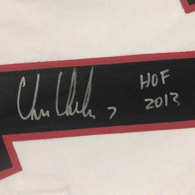 Framed Autographed/Signed Chris Chelios HOF 2013 35x39 Chicago White Hockey Jersey JSA COA