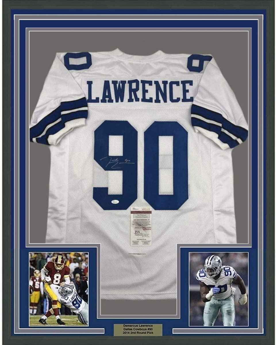 Framed Autographed/Signed Demarcus Lawrence 35x39 Dallas White Football Jersey JSA COA