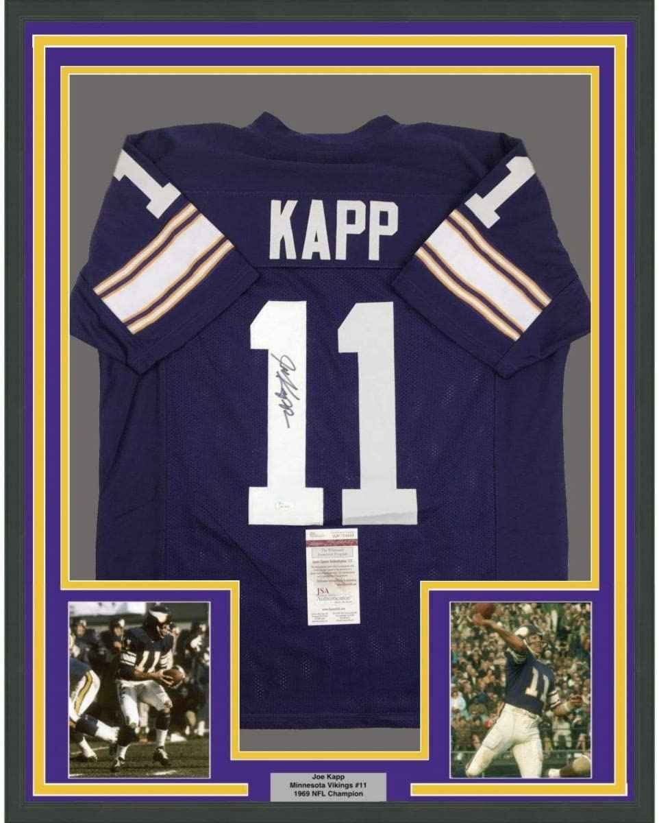 Framed Autographed/Signed Joe Kapp 35x39 Minnesota Purple Football Jersey JSA COA