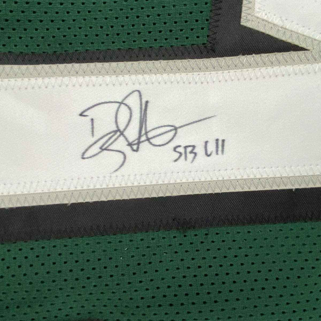 Autographed/Signed Doug Pederson SB LII Philadelphia Green Football Jersey JSA COA