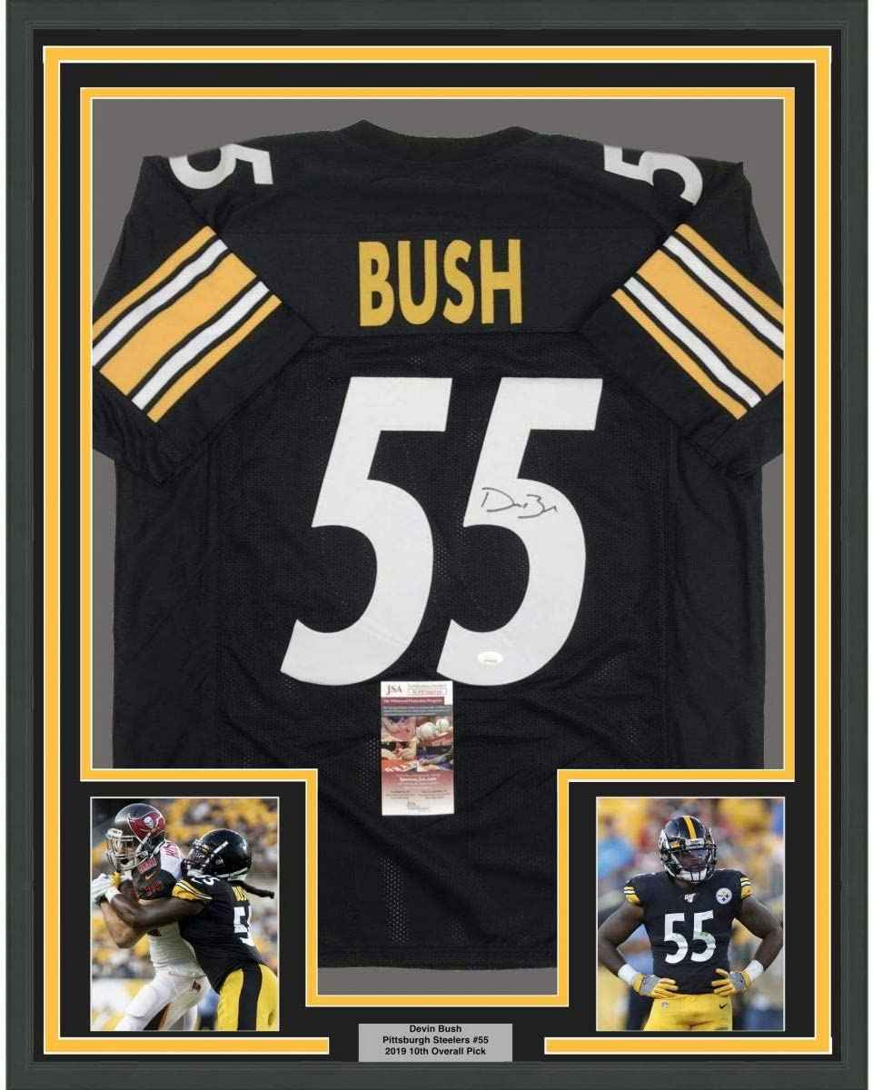 Framed Autographed/Signed Devin Bush 35x39 Pittsburgh Black Football Jersey JSA COA
