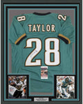Framed Autographed/Signed Fred Taylor 35x39 Jacksonville Teal Football Jersey JSA COA