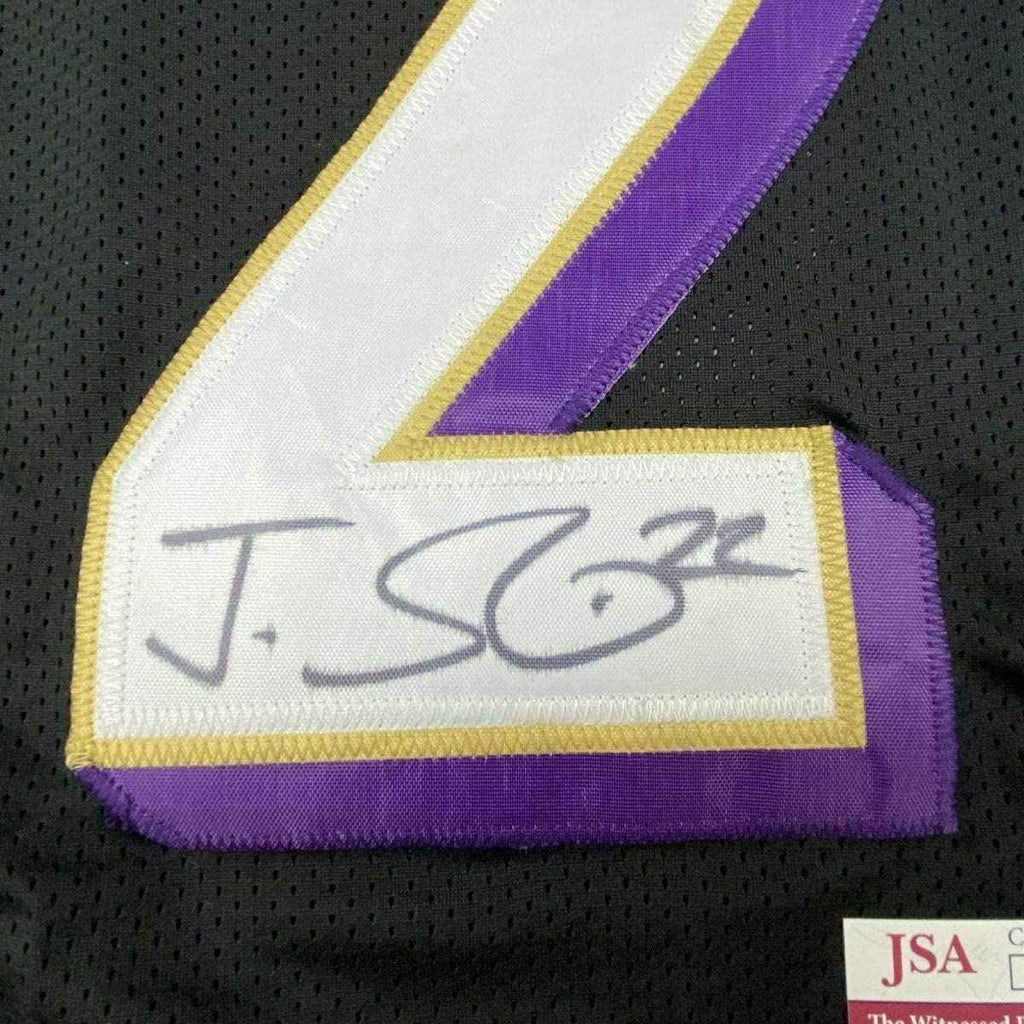 Framed Autographed/Signed Jimmy Smith 35x39 Baltimore Black Football Jersey JSA COA