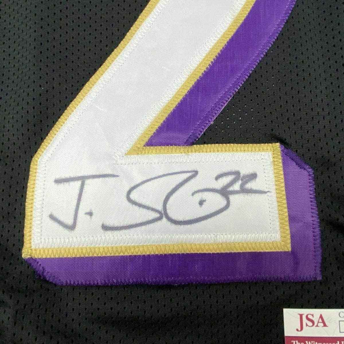 Framed Autographed/Signed Jimmy Smith 35x39 Baltimore Black Football Jersey JSA COA