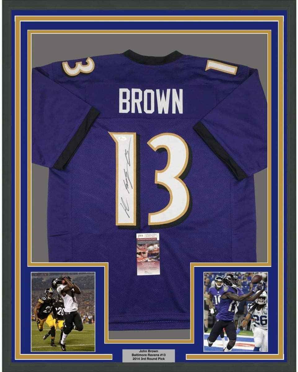 Framed Autographed/Signed John Brown 35x39 Baltimore Purple Football Jersey JSA COA