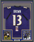 Framed Autographed/Signed John Brown 35x39 Baltimore Purple Football Jersey JSA COA