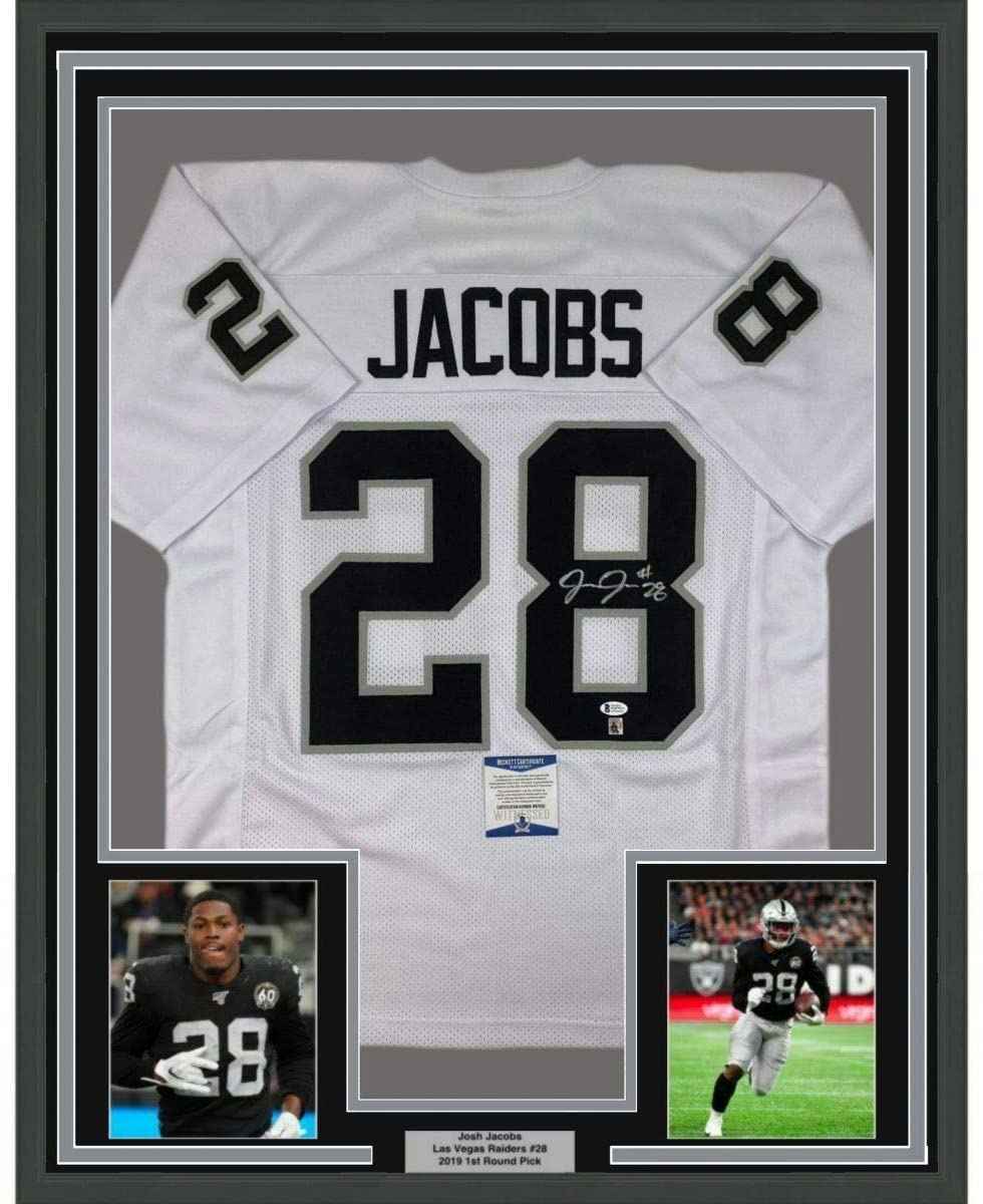 Framed Autographed/Signed Josh Jacobs 35x39 Las Vegas Oakland White Football Jersey Beckett BAS COA