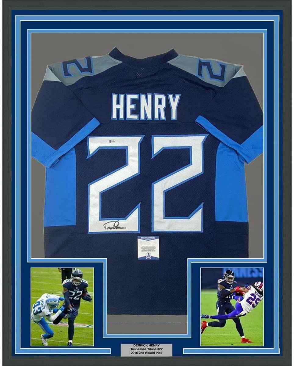 Framed Autographed/Signed Derrick Henry 35x39 Tennessee Dark Blue Football Jersey Beckett BAS COA