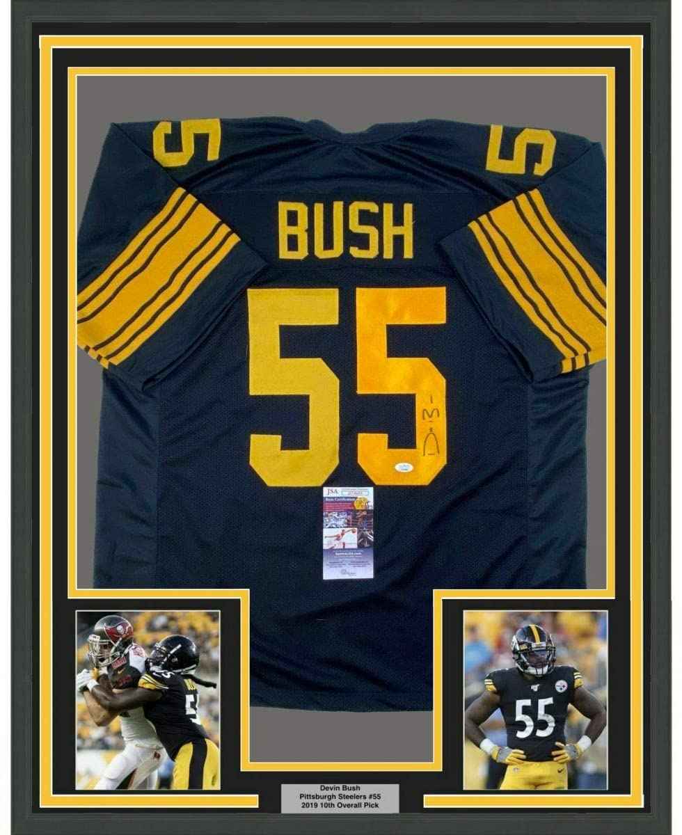 Framed Autographed/Signed Devin Bush 35x39 Pittsburgh Color Rush Football Jersey JSA COA