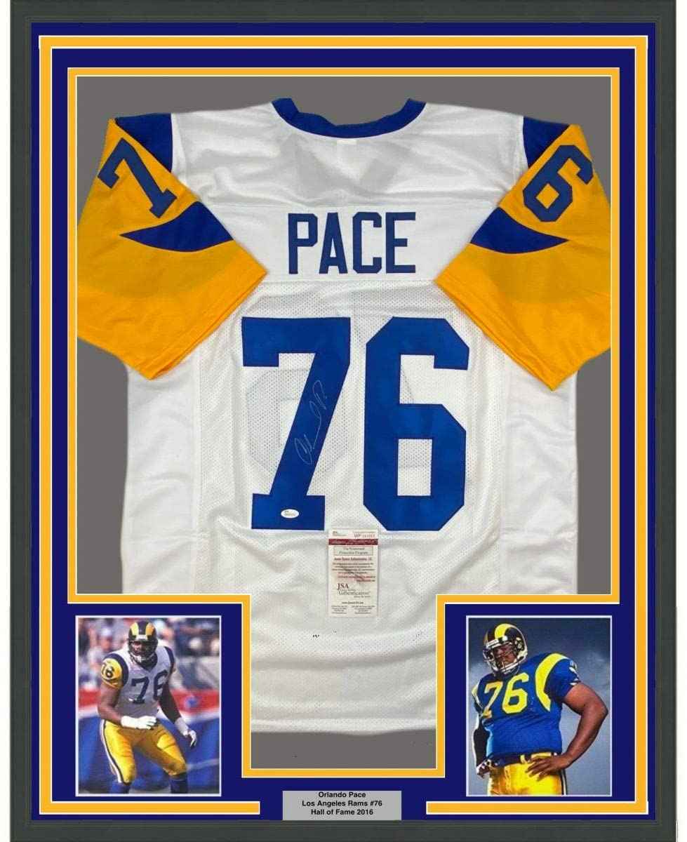 Framed Autographed/Signed Orlando Pace 35x39 Los Angeles White Football Jersey JSA COA