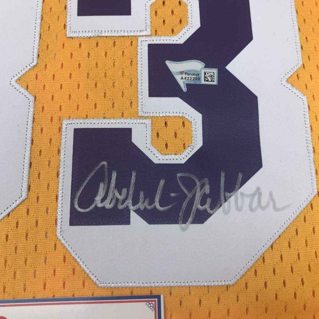 Framed Autographed/Signed Kareem Abdul-Jabbar 35x39 Los Angeles LA Yellow Basketball Jersey Fanatics COA