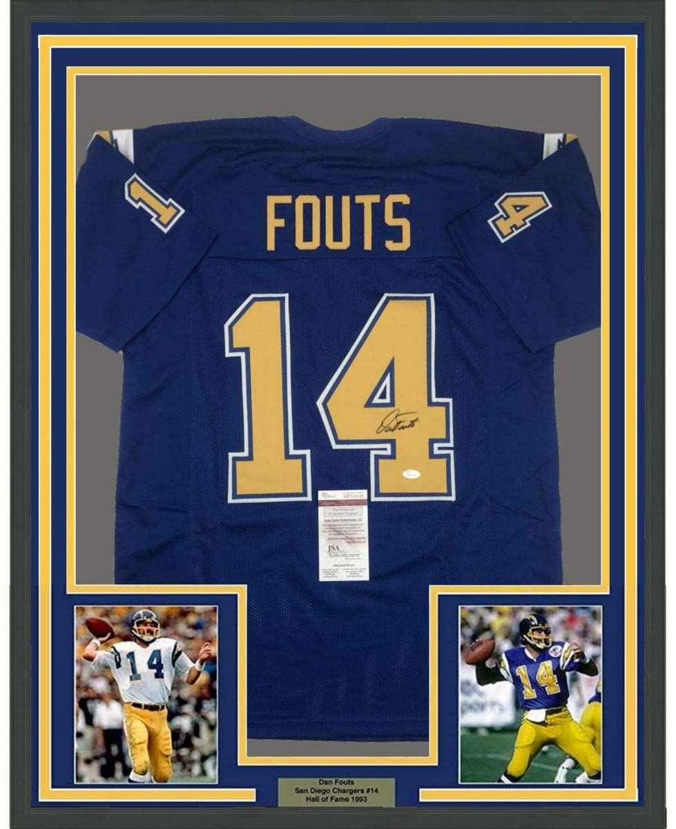 Framed Autographed/Signed Dan Fouts 35x39 San Diego Royal Blue Football Jersey JSA COA