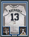 Framed Autographed/Signed Manny Machado 35x39 San Diego White Baseball Jersey PSA/DNA COA