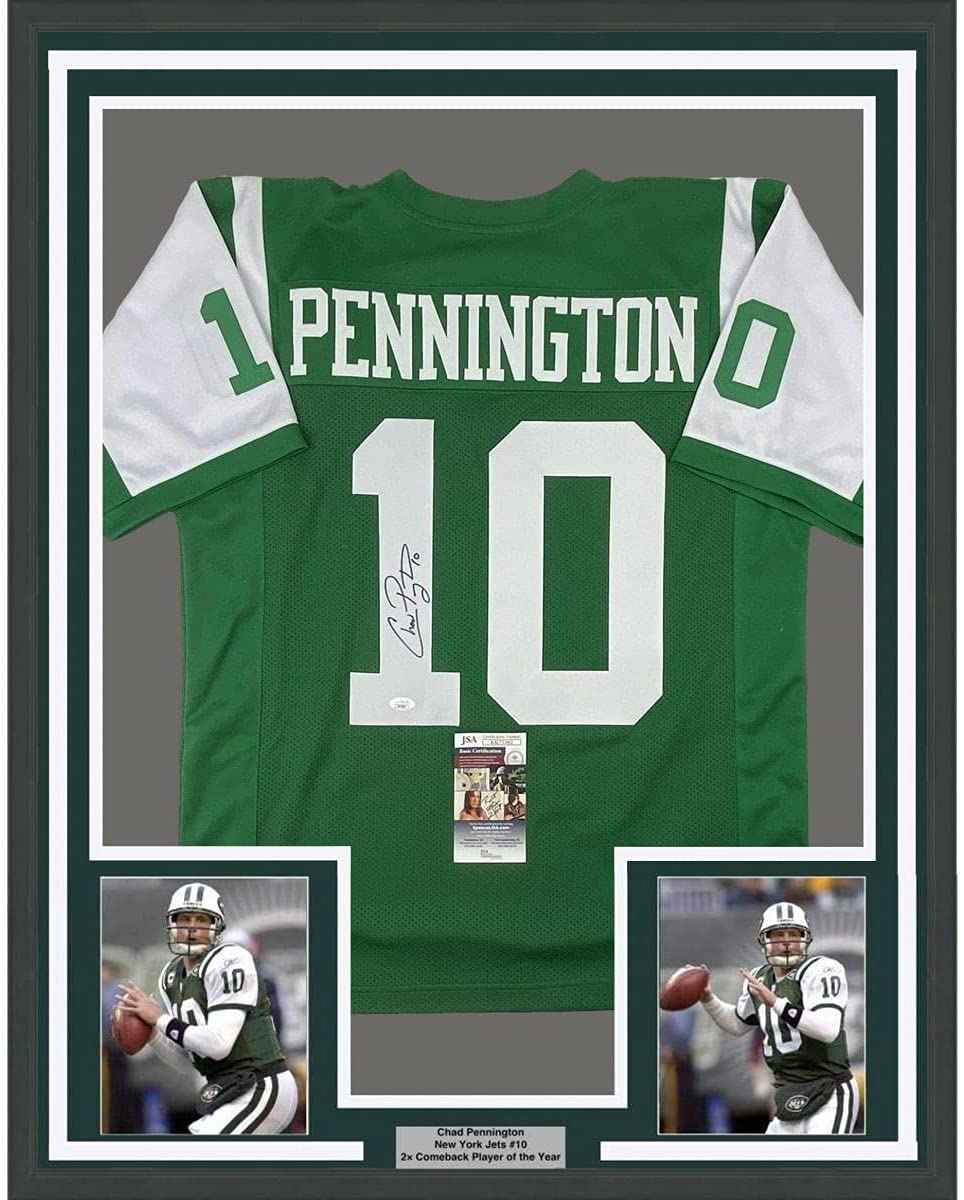 Framed Autographed/Signed Chad Pennington 35x39 New York Green Football Jersey JSA COA