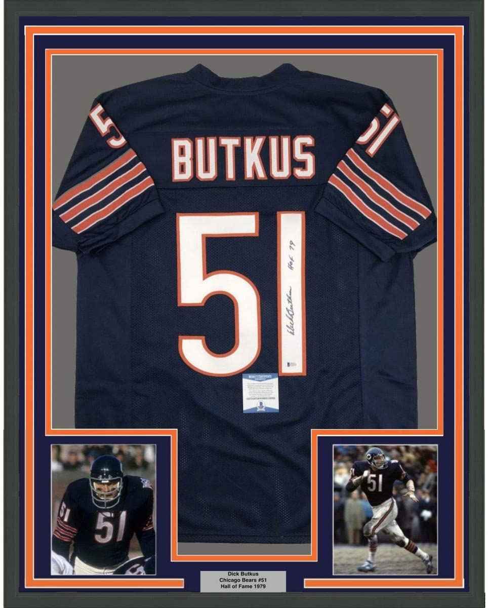 Framed Autographed/Signed Dick Butkus HOF 79 35x39 Chicago Blue Football Jersey Beckett BAS COA