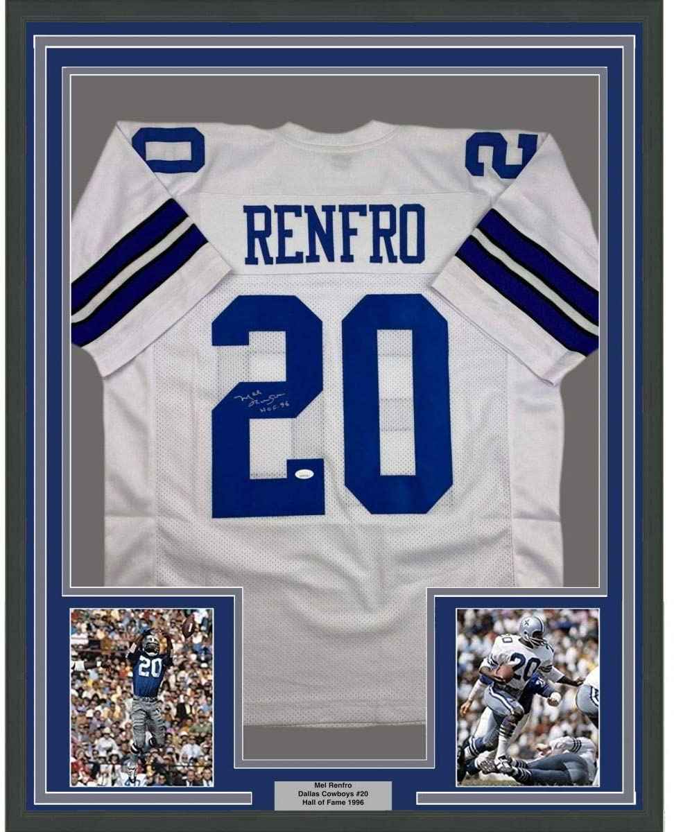 Framed Autographed/Signed Mel Renfro HOF 96 35x39 Dallas White Football Jersey JSA COA