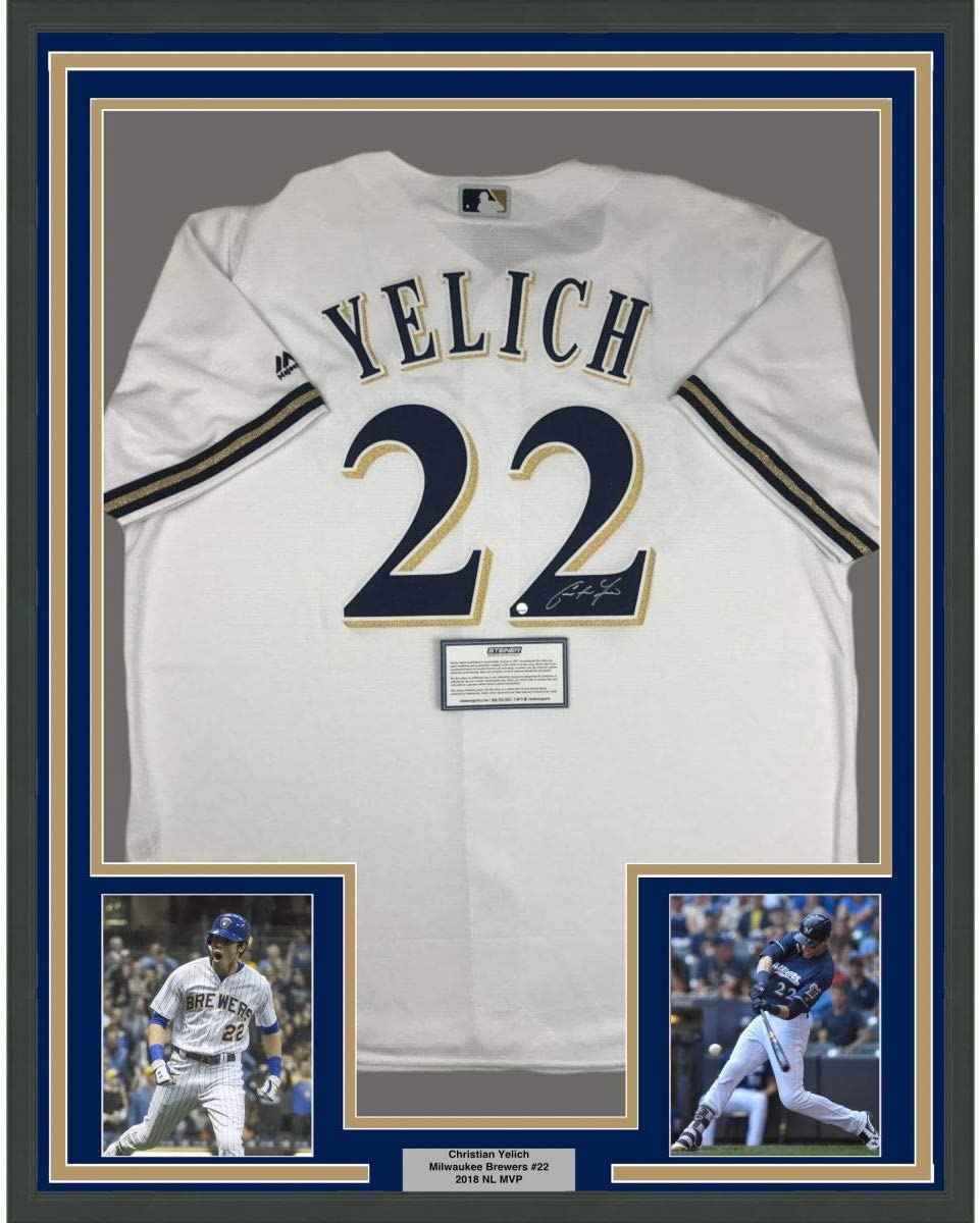 Framed Autographed/Signed Christian Yelich 35x39 Milwaukee Brewers White Cool Base Baseball Jersey Steiner Sports COA