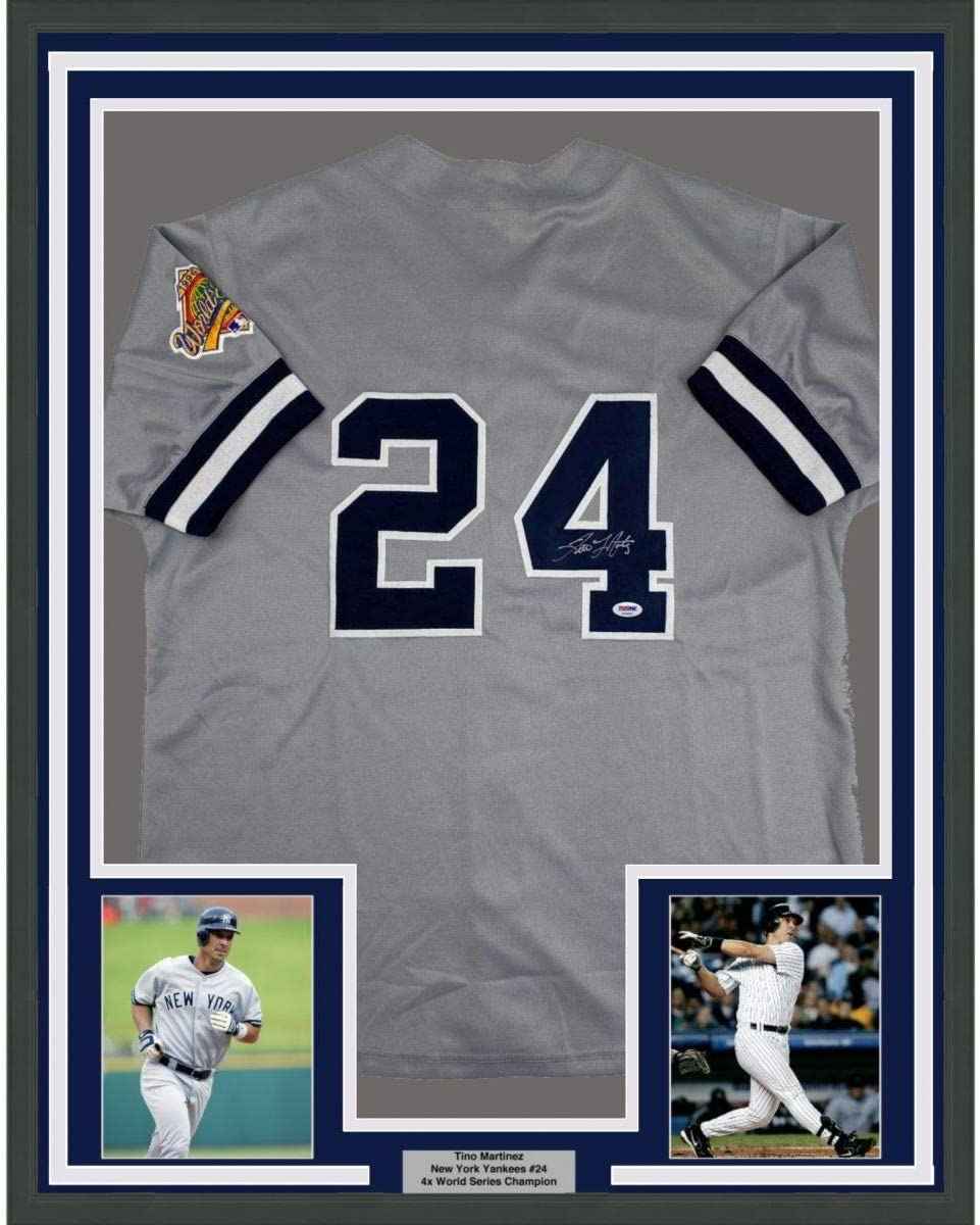 Framed Autographed/Signed Tino Martinez 35x39 New York Grey Baseball Jersey PSA/DNA COA