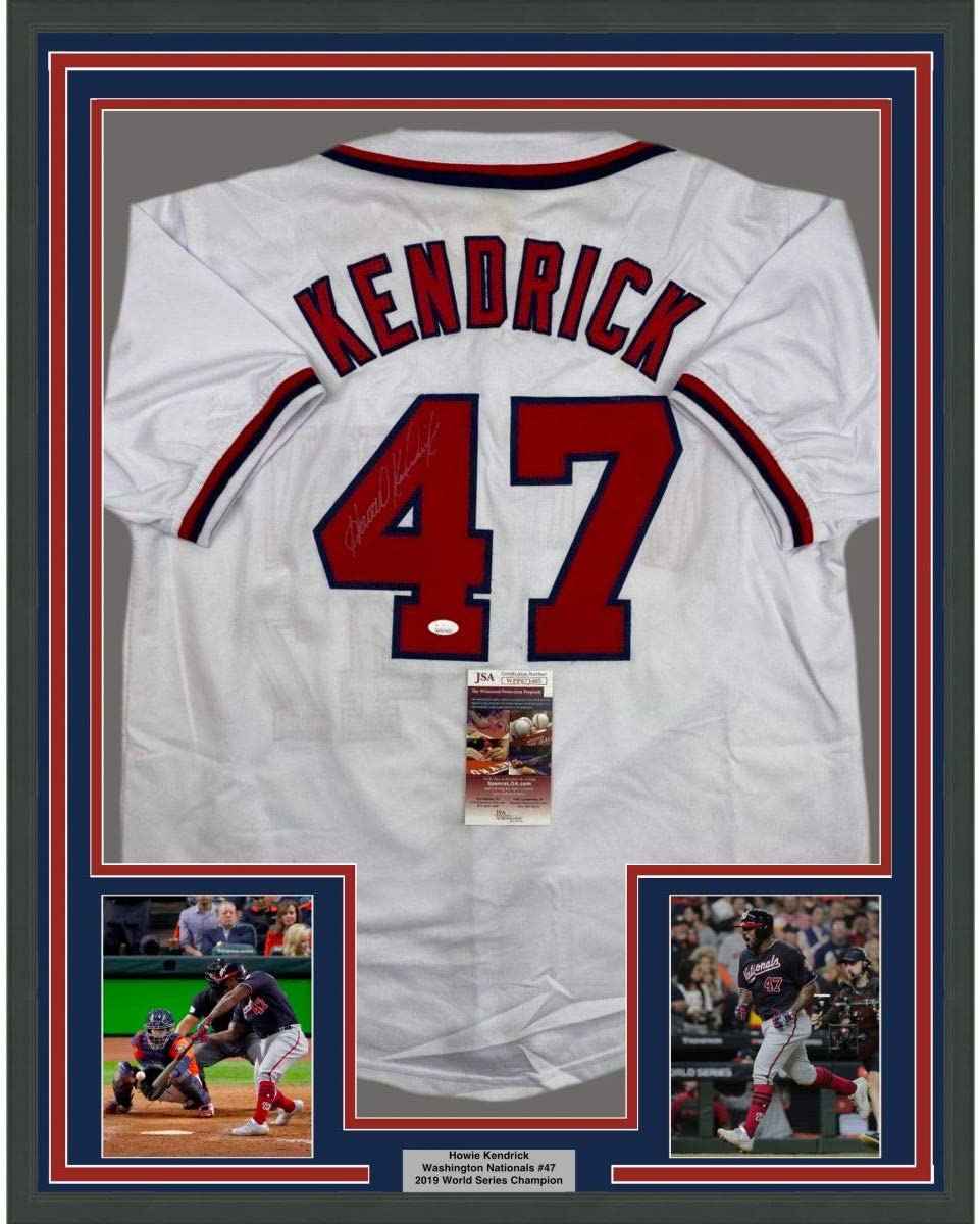 Framed Autographed/Signed Howie Kendrick 35x39 Washington White Baseball Jersey JSA COA