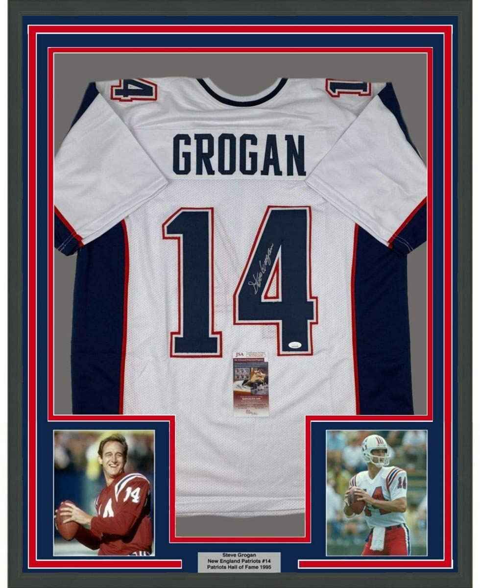 Framed Autographed/Signed Steve Grogan 35x39 New England White Modern Football Jersey JSA COA