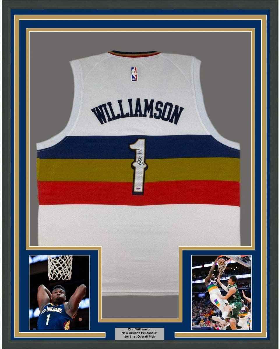 Framed Autographed/Signed Zion Williamson 35x39 New Orleans White Basketball Jersey PSA/DNA COA Holo Only