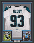 Framed Autographed/Signed Gerald McCoy 35x39 Carolina White Football Jersey Beckett BAS COA