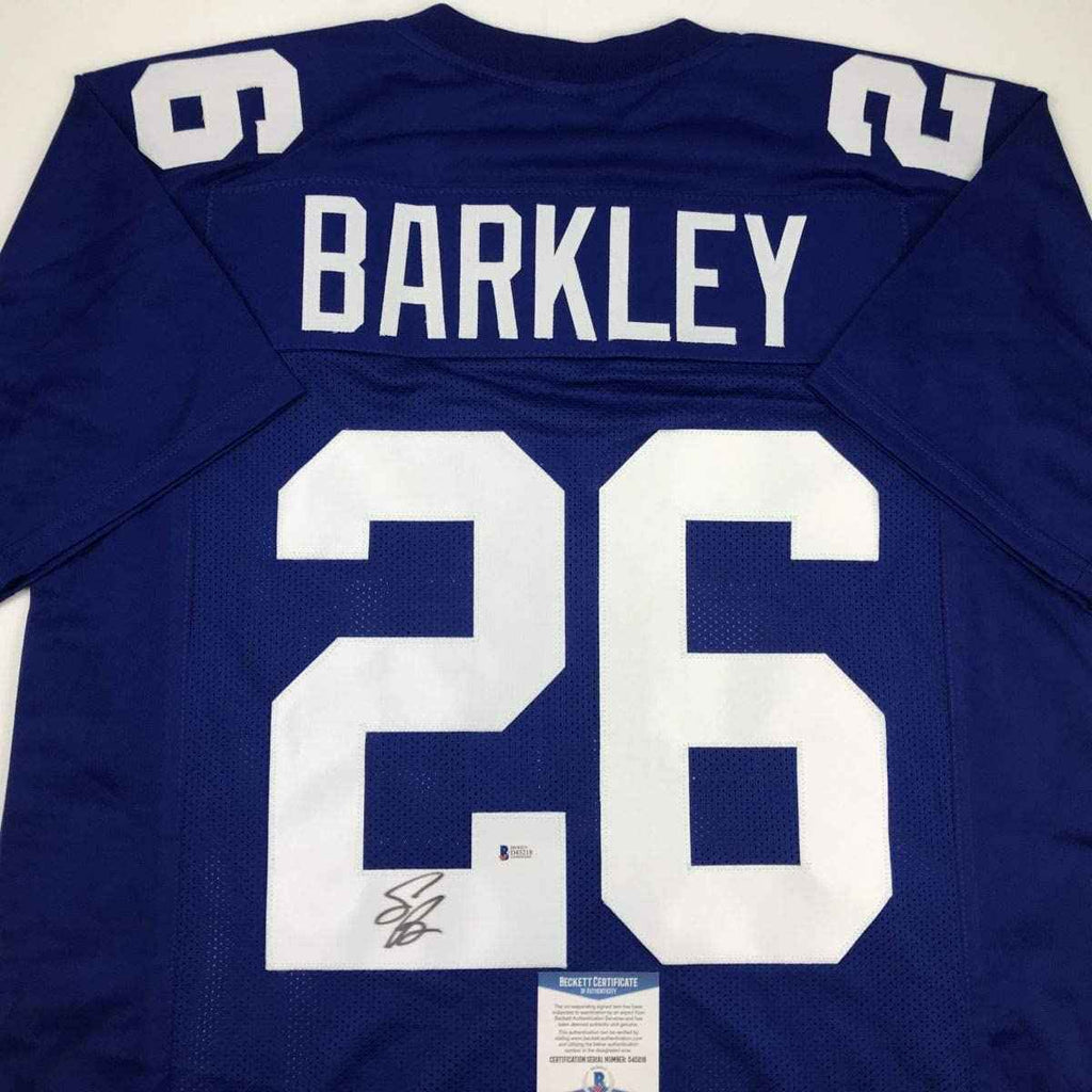 Autographed/Signed Saquon Barkley New York Blue Football Jersey Beckett BAS COA