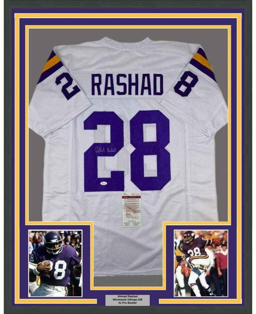 Framed Autographed/Signed Ahmad Rashad 35x39 Minnesota White Football Jersey JSA COA