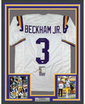 Framed Autographed/Signed Odell Beckham Jr. 35x39 LSU White College Football Jersey JSA COA