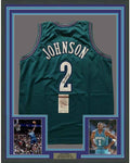 Framed Autographed/Signed Larry Johnson 35x39 Charlotte Teal Basketball Jersey JSA COA
