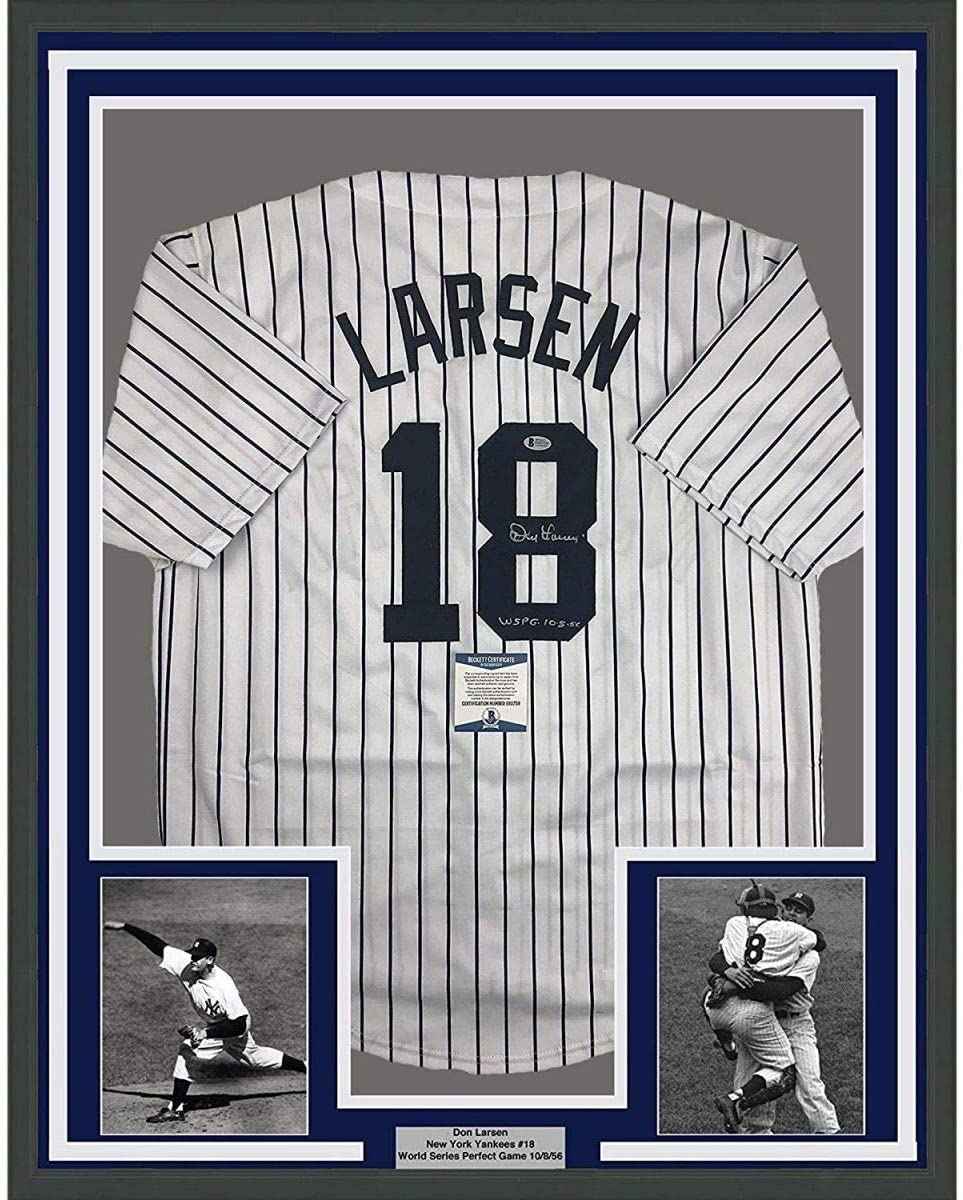 Framed Autographed/Signed Don Larsen Inscribed 35x39 New York Pinstripe Baseball Jersey Beckett BAS COA