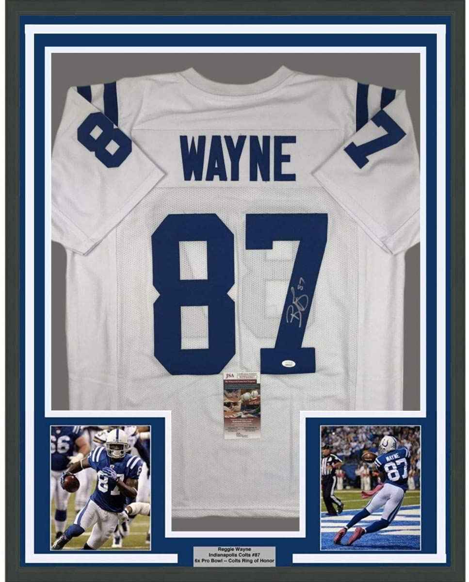 Framed Autographed/Signed Reggie Wayne 35x39 Indianapolis White Football Jersey JSA COA