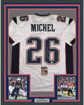 Framed Autographed/Signed Sony Michel 35x39 New England White Football Jersey JSA COA