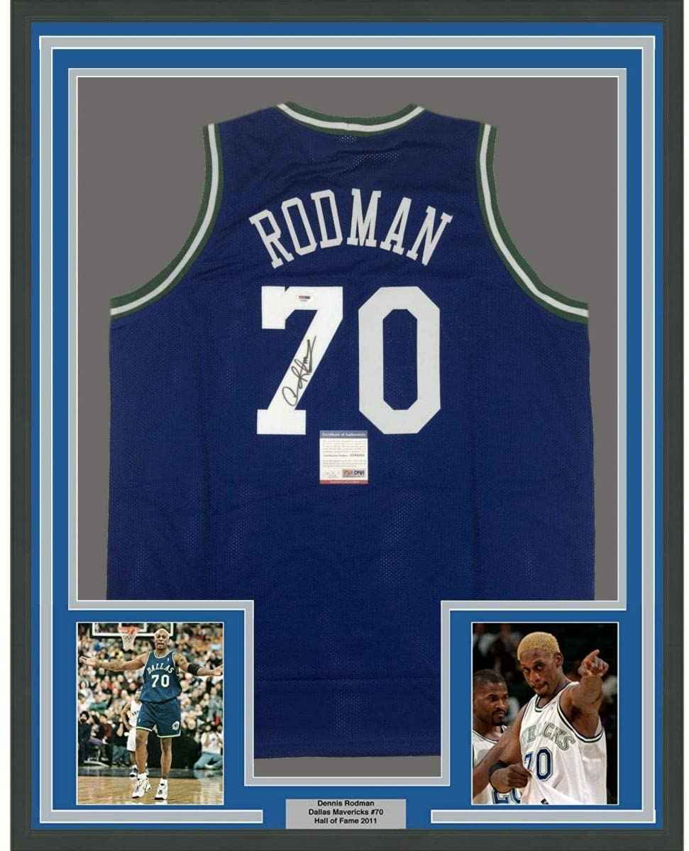 Framed Autographed/Signed Dennis Rodman 35x39 Dallas Blue Basketball Jersey PSA/DNA COA