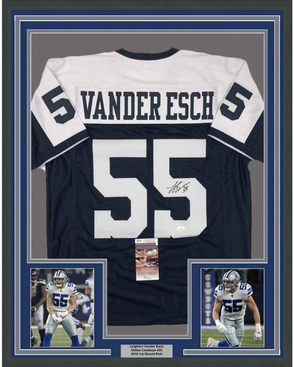 Framed Autographed/Signed Leighton Vander Esch 35x39 Dallas Thanksgiving Day Football Jersey JSA COA