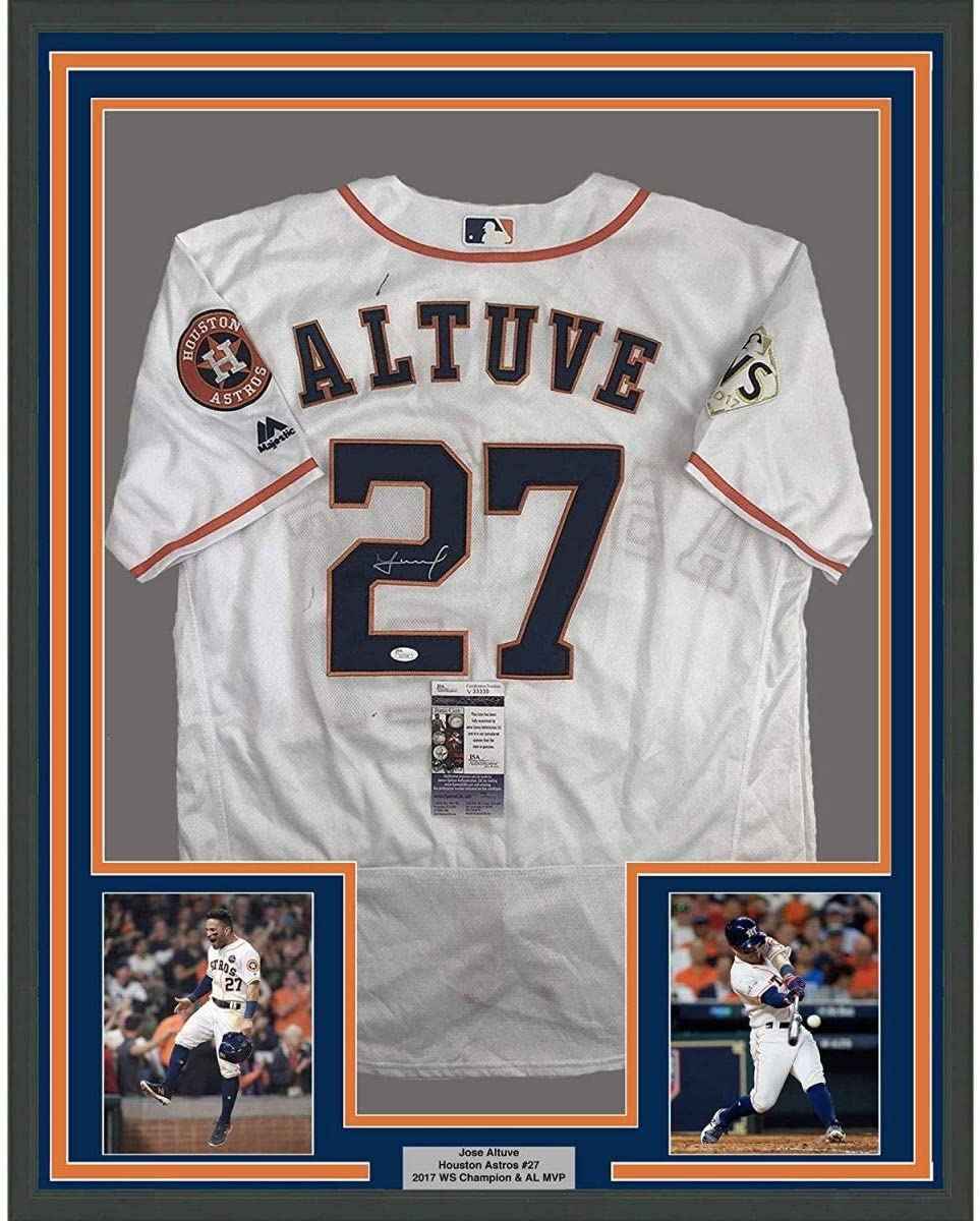 Framed Autographed/Signed Jose Altuve 35x39 Houston White Baseball Jersey JSA COA