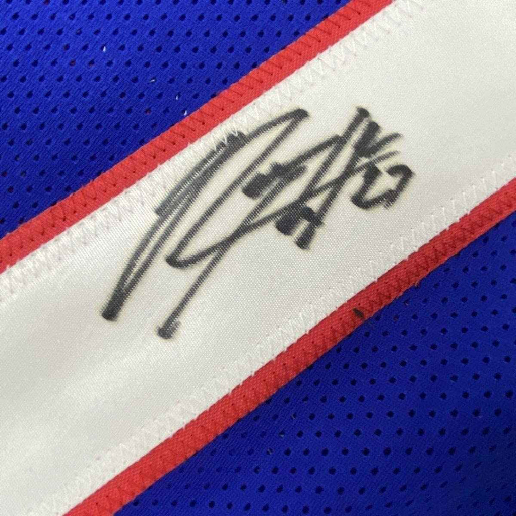 Framed Autographed/Signed Rodney Hampton 35x39 New York Blue Football Jersey JSA COA