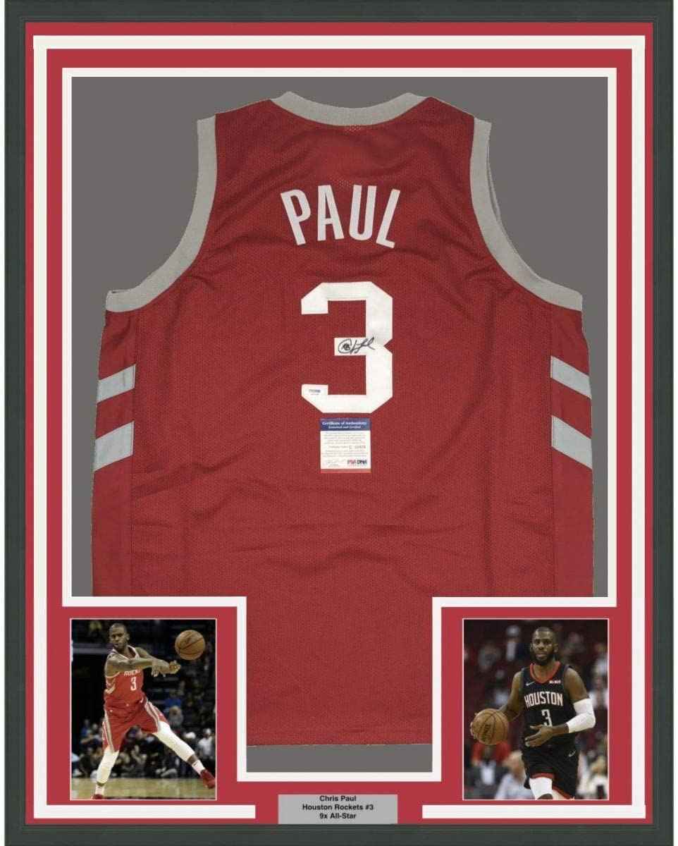 Framed Autographed/Signed Chris Paul 35x39 Houston Red Basketball Jersey PSA/DNA COA