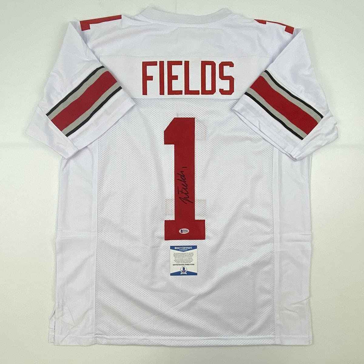 Autographed/Signed Justin Fields Ohio State White College Football Jersey Beckett BAS COA