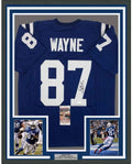 Framed Autographed/Signed Reggie Wayne 35x39 Indianapolis Blue Football Jersey JSA COA