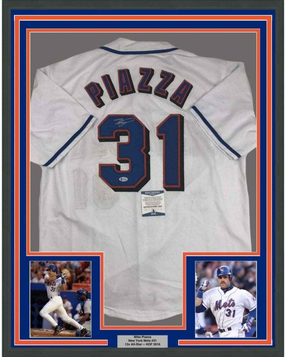 Framed Autographed/Signed Mike Piazza 35x39 New York NY White Baseball Jersey Beckett BAS COA