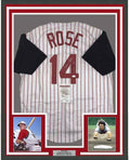 Framed Autographed/Signed Pete Rose 4256 35x39 Cincinnati Pinstripe Baseball Jersey JSA COA